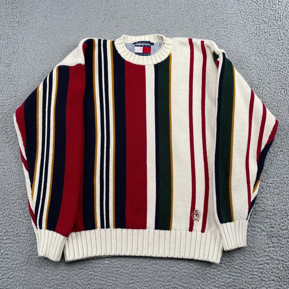 Tommy Hilfiger Sweater Mens M Cream Multi Stripe Crest Logo Cotton Knit Vintage